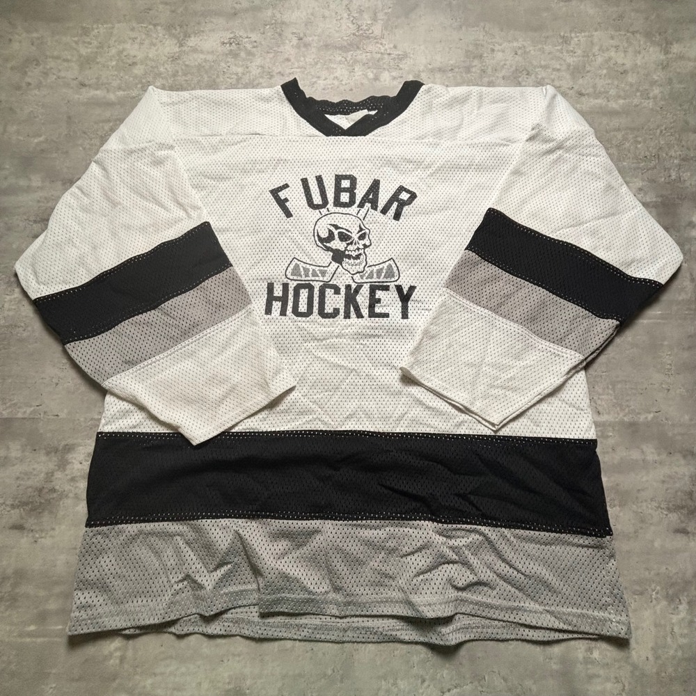 Athletic Knit Fubar Hockey Jersey Large White Black Skull Graphic Mesh 44